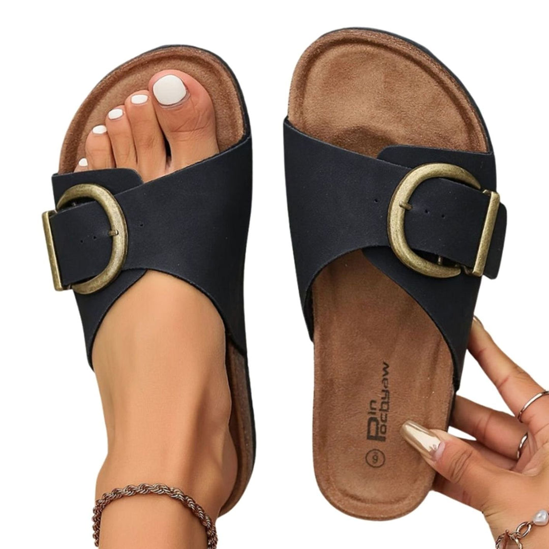 Women's Flat Open-Toe Buckle-Strap Slip-On Sandal Slippers
