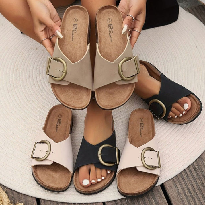Women's Flat Open-Toe Buckle-Strap Slip-On Sandal Slippers
