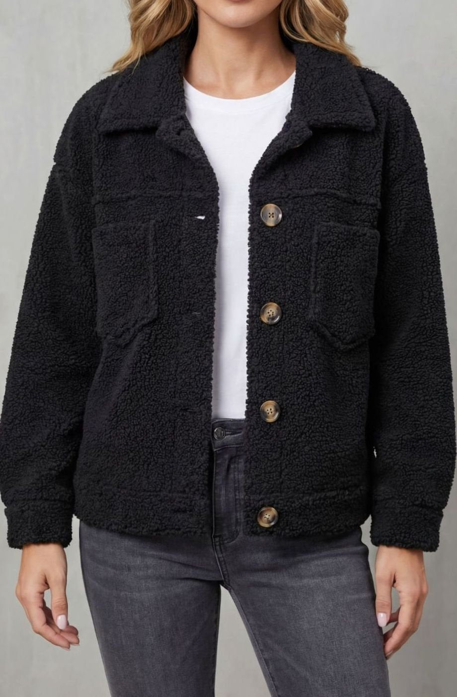 Women's Fleece Button-Up Teddy Jacket Relaxed Fit - Black
