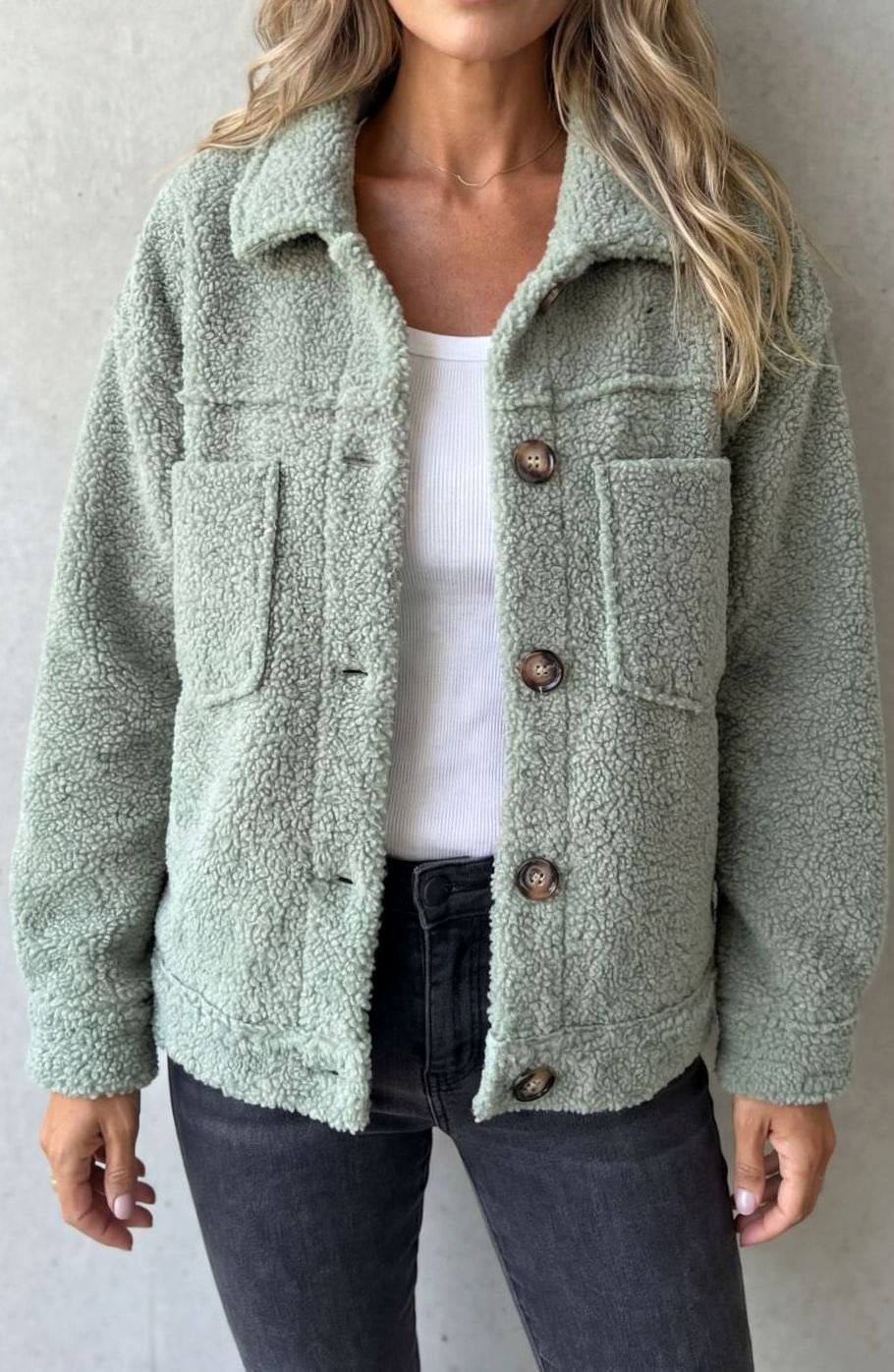 Women's Fleece Button-Up Teddy Jacket Relaxed Fit - Sage