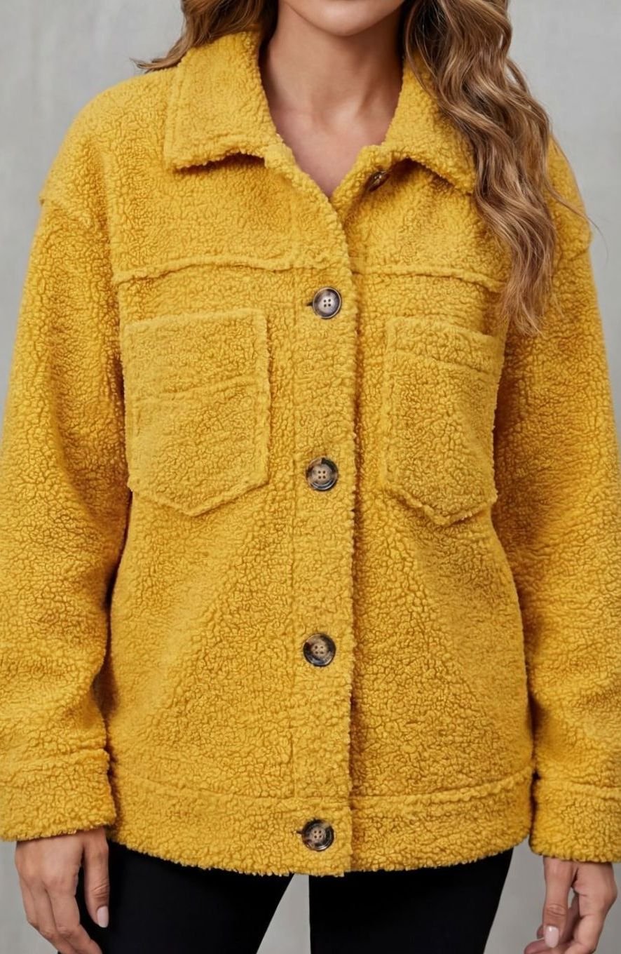 Women's Fleece Button-Up Teddy Jacket Relaxed Fit - Yellow
