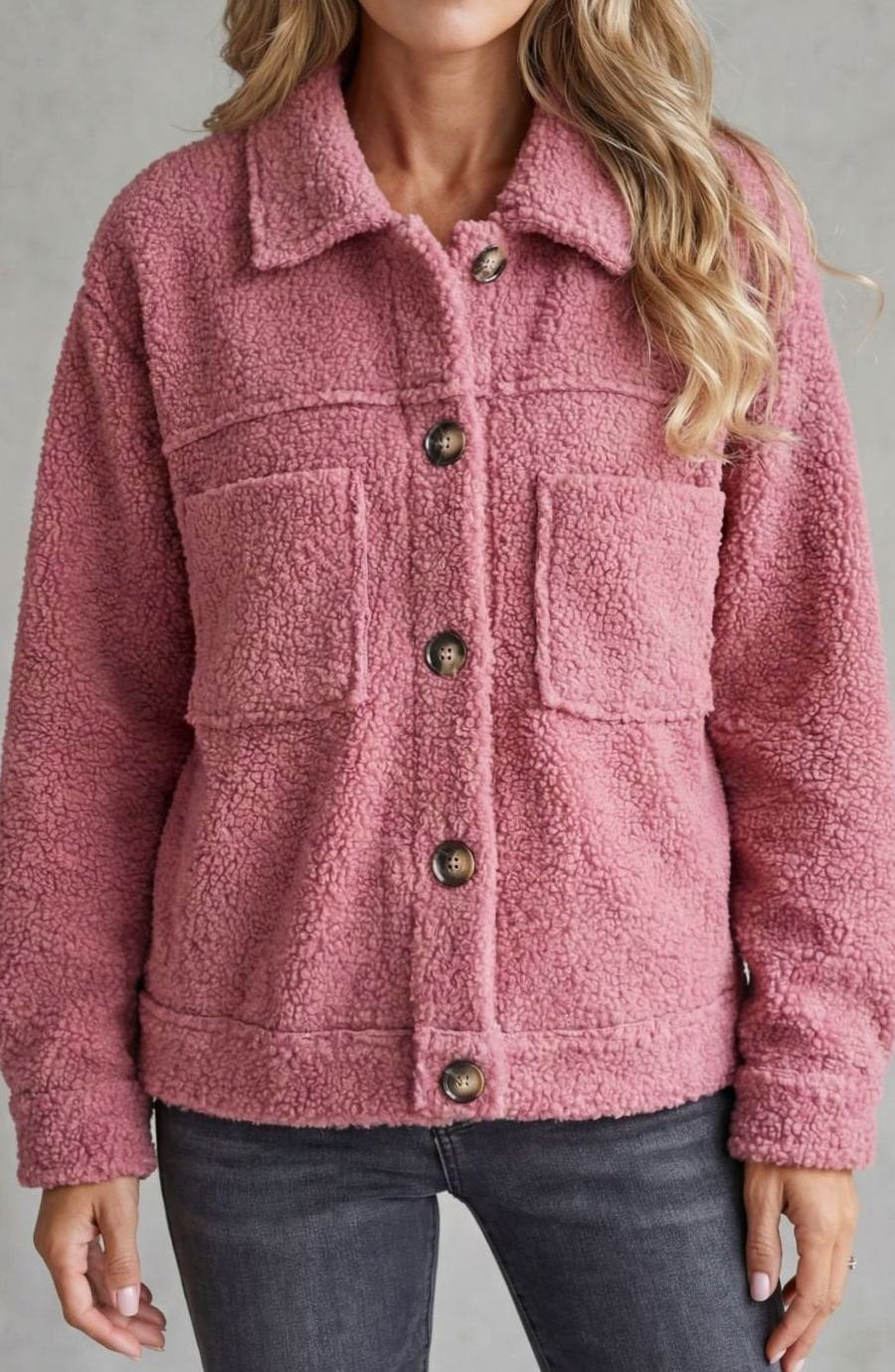 Women's Fleece Button-Up Teddy Jacket Relaxed Fit - Pink