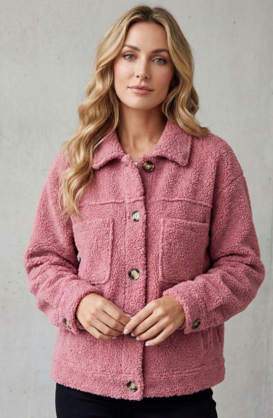 Women's Fleece Button-Up Teddy Jacket Relaxed Fit