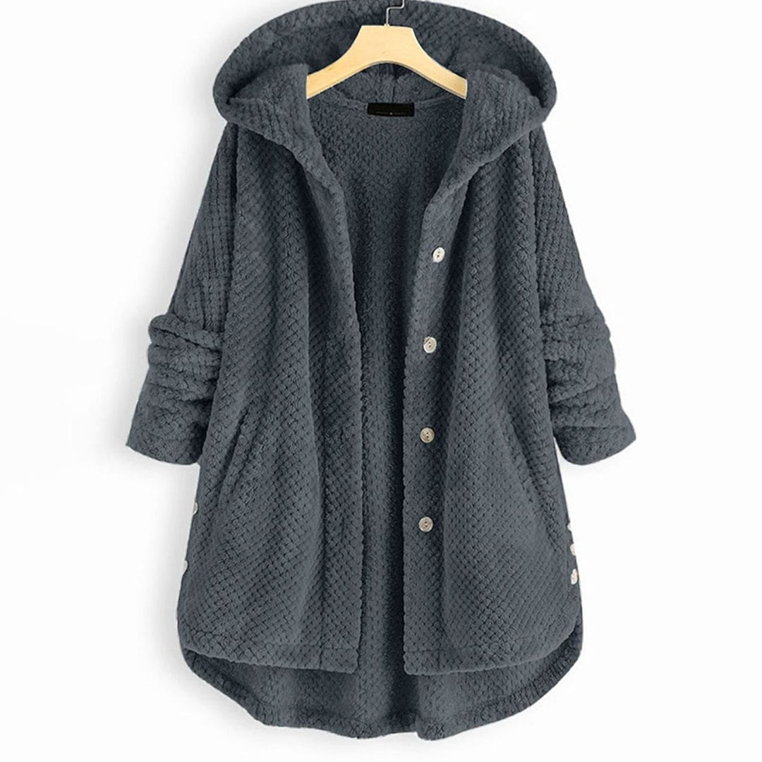 Women's Fleece Hooded Button-Up Mid-Length Winter Coat - Grey
