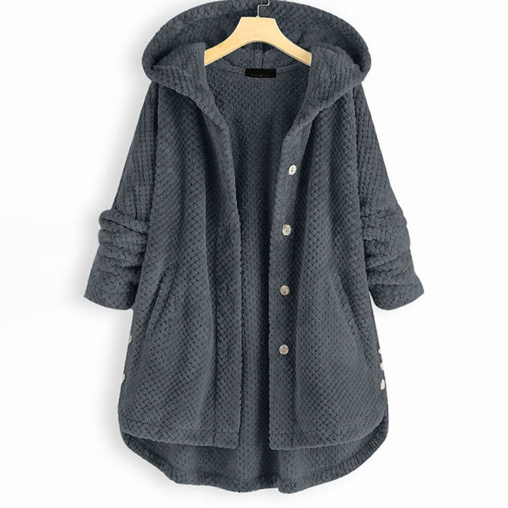 Women's Fleece Hooded Button-Up Mid-Length Winter Coat - Grey