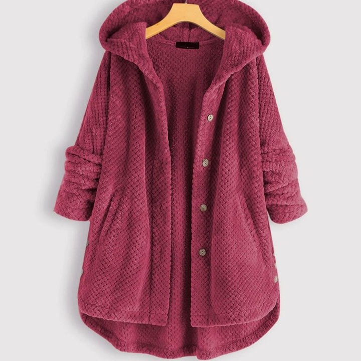 Women's Fleece Hooded Button-Up Mid-Length Winter Coat - Pink