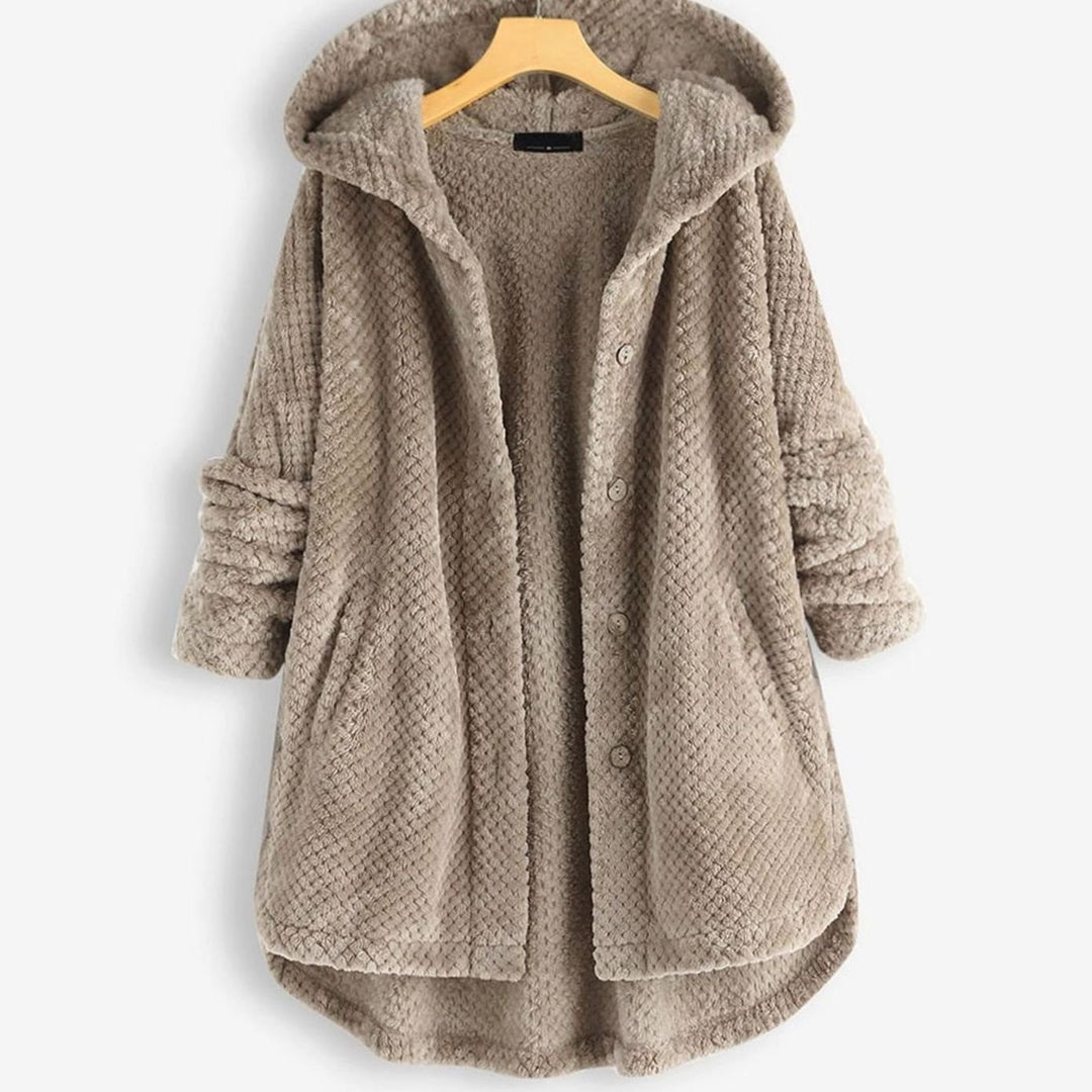 Women's Fleece Hooded Button-Up Mid-Length Winter Coat - Beige