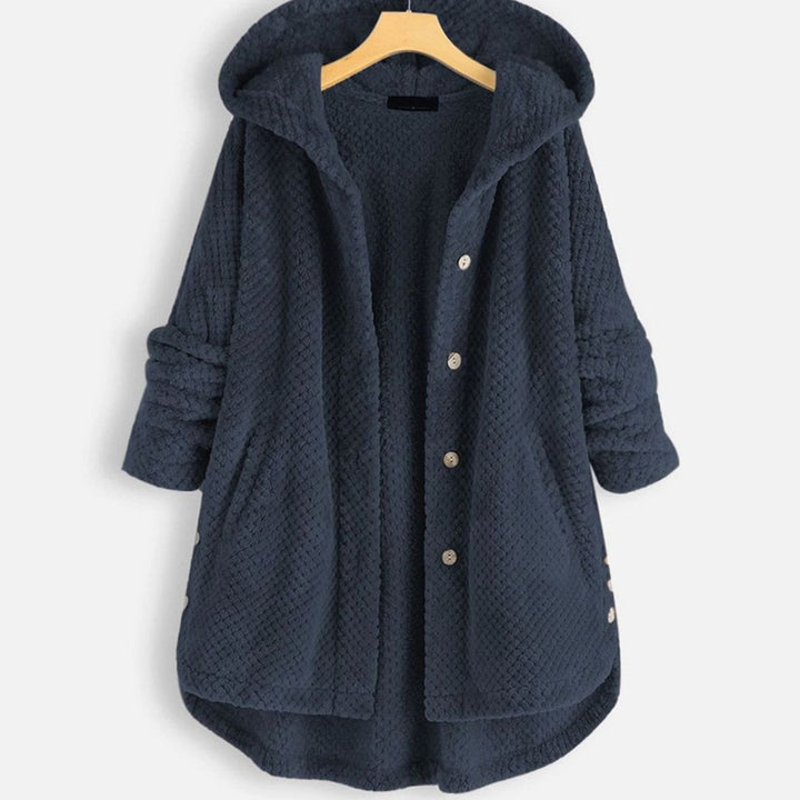 Women's Fleece Hooded Button-Up Mid-Length Winter Coat - Blue