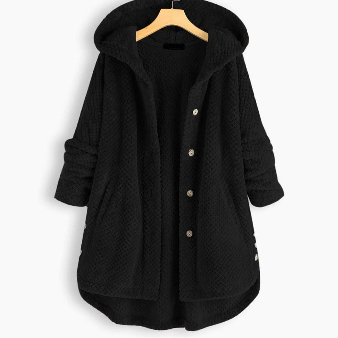 Women's Fleece Hooded Button-Up Mid-Length Winter Coat - Black