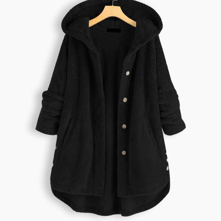 Women's Fleece Hooded Button-Up Mid-Length Winter Coat - Black