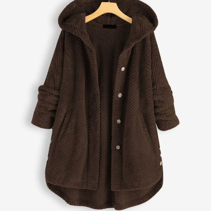 Women's Fleece Hooded Button-Up Mid-Length Winter Coat - Dark Brown