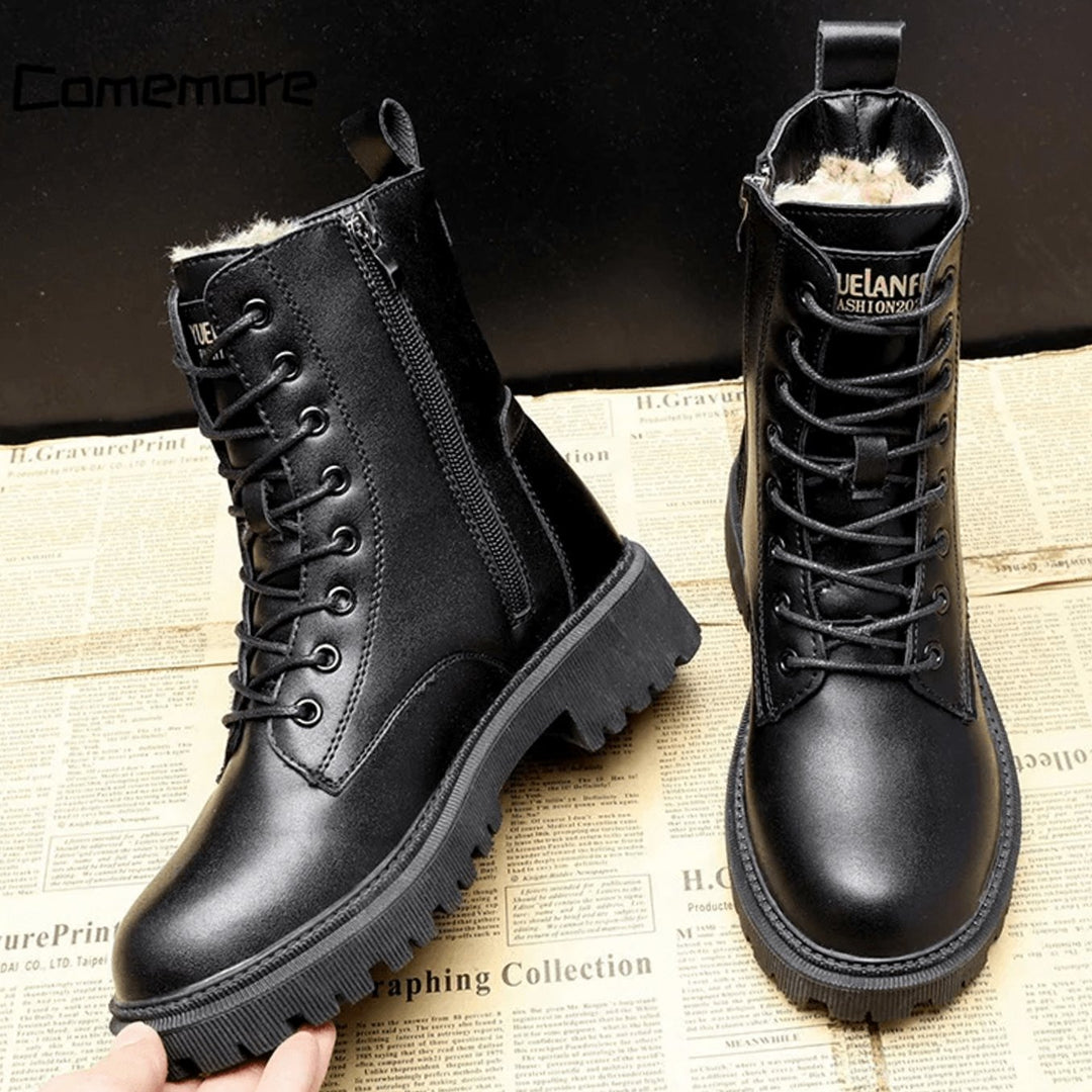 Women's Fleece-Lined Black Lace-Up Winter Combat Boots
