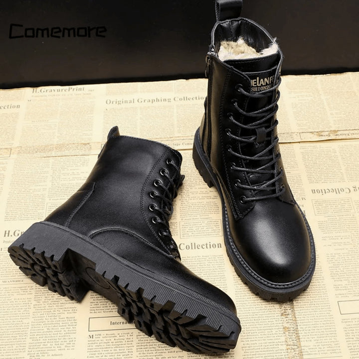 Women's Fleece-Lined Black Lace-Up Winter Combat Boots