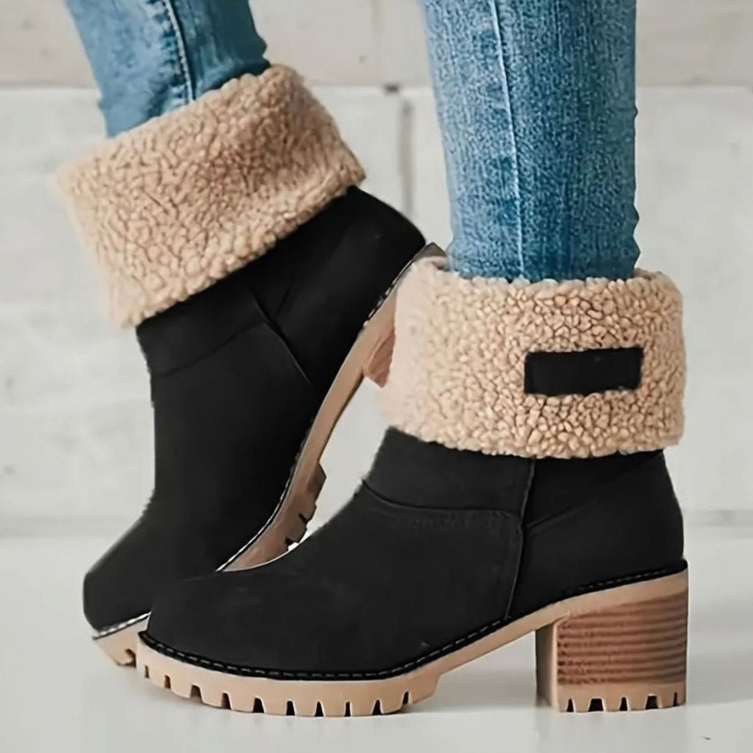 Women's Fleece-Lined Block Heel Slip-On Mid-Calf Winter Boots