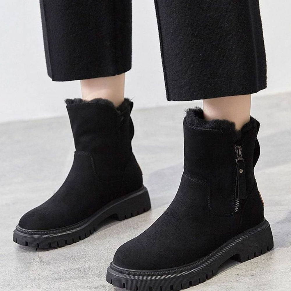 Women's Fleece-Lined Chunky Sole Zip-Up Ankle Boots - Black