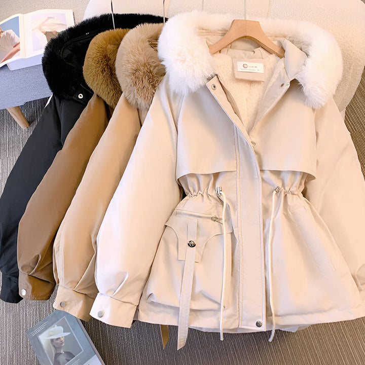 Women's Fleece-Lined Drawstring Winter Coat Faux Fur Collar