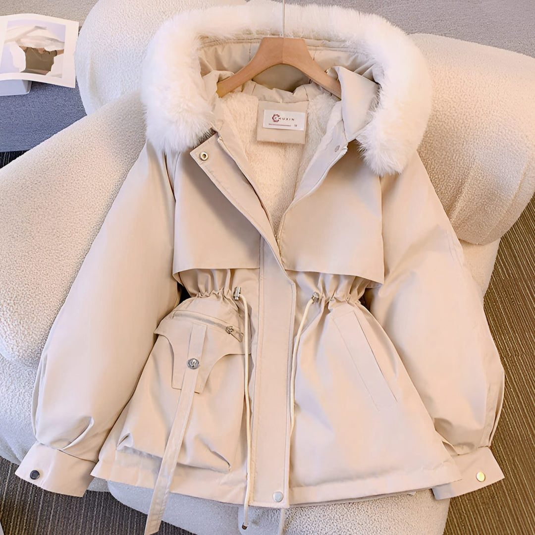 Women's Fleece-Lined Drawstring Winter Coat Faux Fur Collar - White