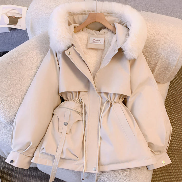 Women's Fleece-Lined Drawstring Winter Coat Faux Fur Collar - White