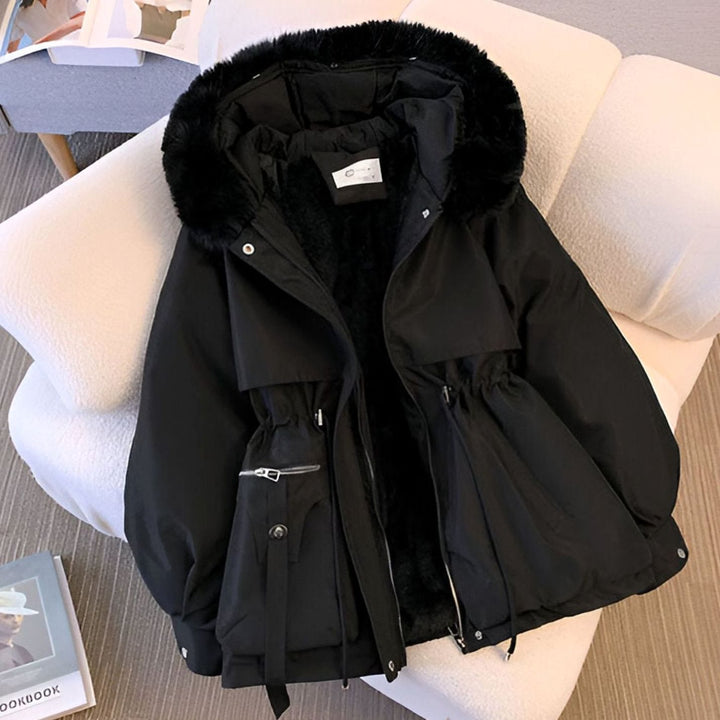 Women's Fleece-Lined Drawstring Winter Coat Faux Fur Collar - Black