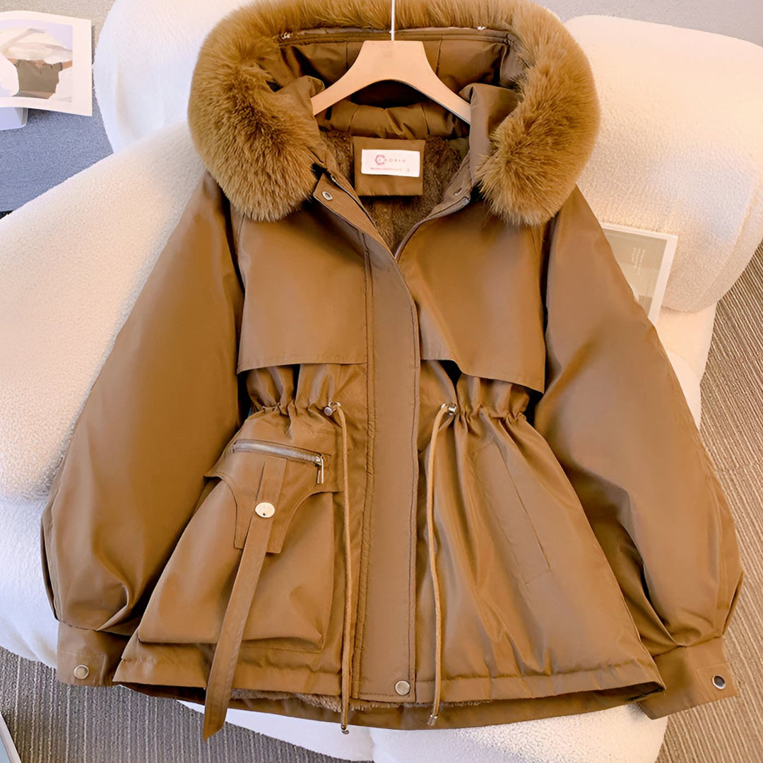 Women's Fleece-Lined Drawstring Winter Coat Faux Fur Collar - Coffee