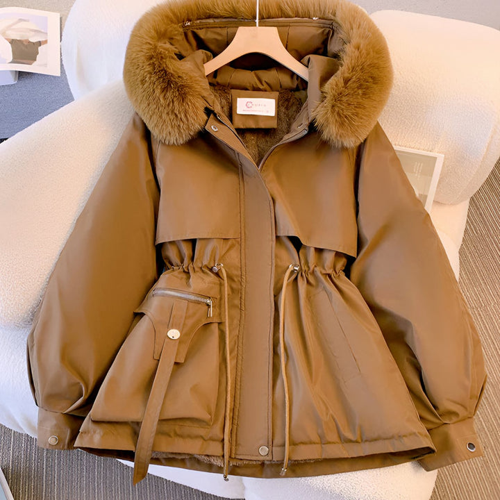 Women's Fleece-Lined Drawstring Winter Coat Faux Fur Collar - Coffee