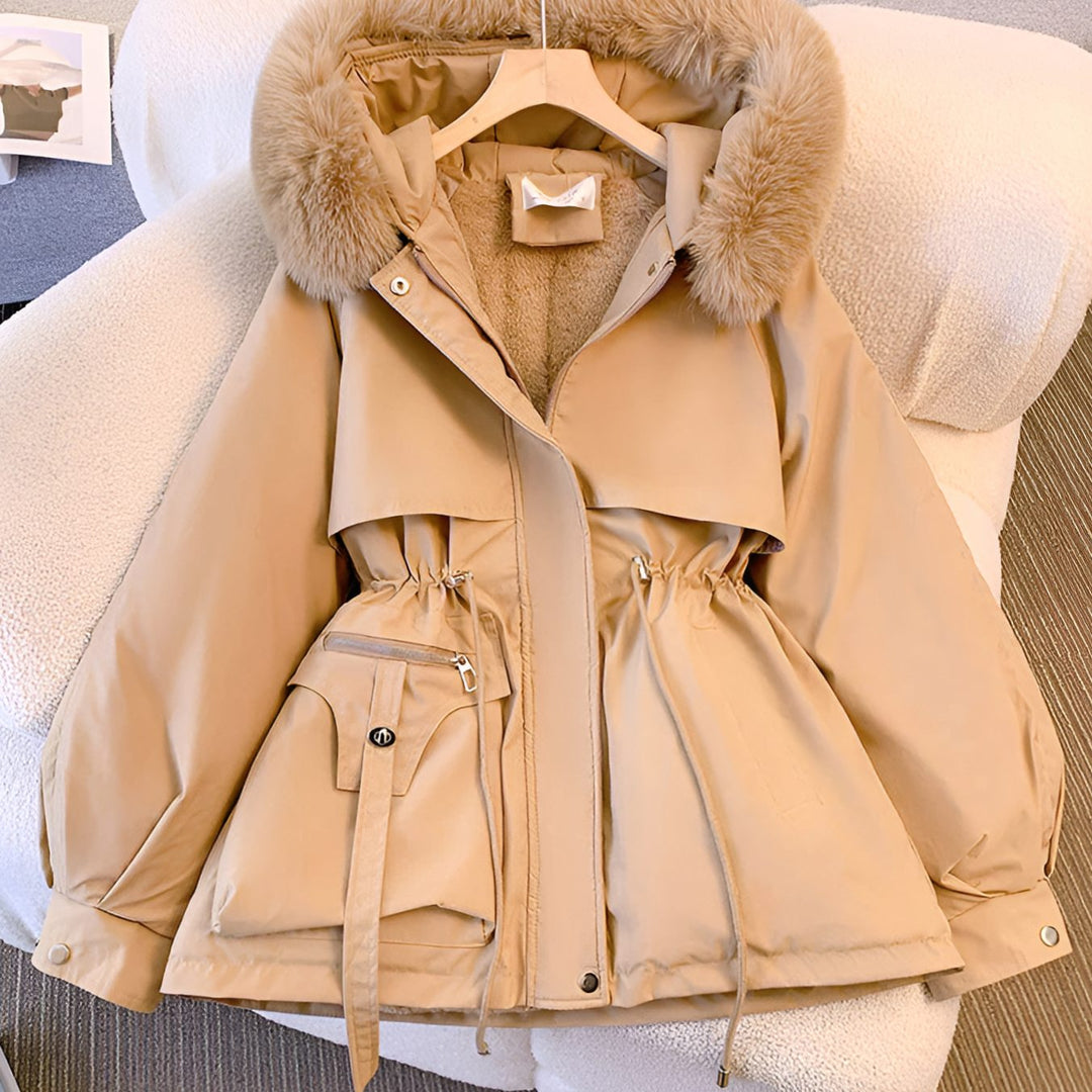 Women's Fleece-Lined Drawstring Winter Coat Faux Fur Collar - Khaki