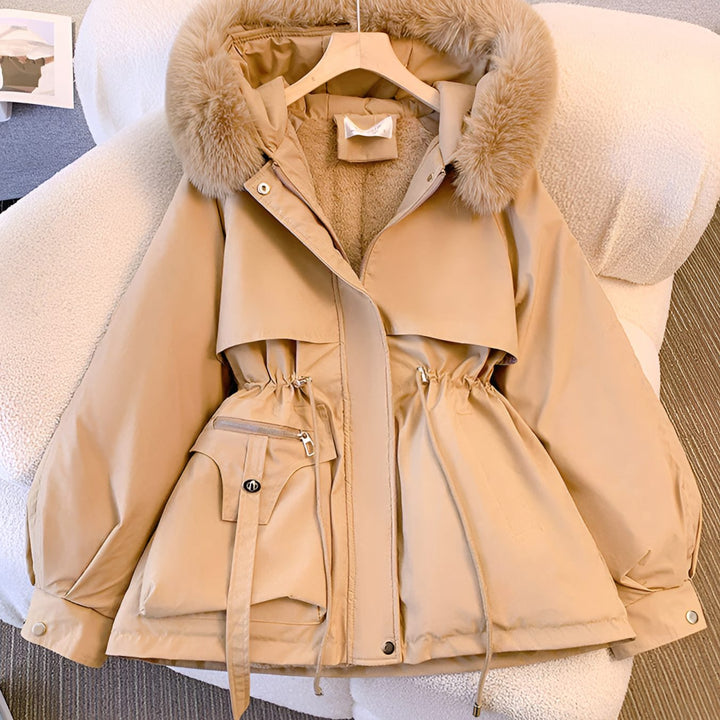Women's Fleece-Lined Drawstring Winter Coat Faux Fur Collar - Khaki