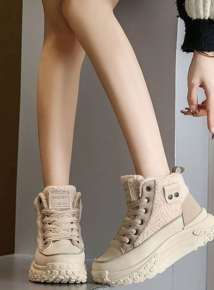 Women's Fleece-Lined High-Top Lace-Up Snow Trainers Chunky Sole