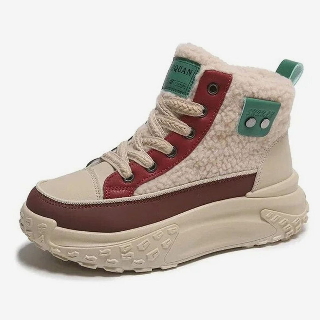 Women's Fleece-Lined High-Top Lace-Up Snow Trainers Chunky Sole - Red