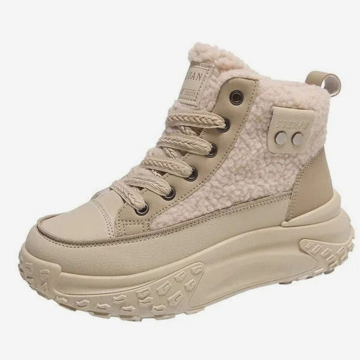 Women's Fleece-Lined High-Top Lace-Up Snow Trainers Chunky Sole - Apricot