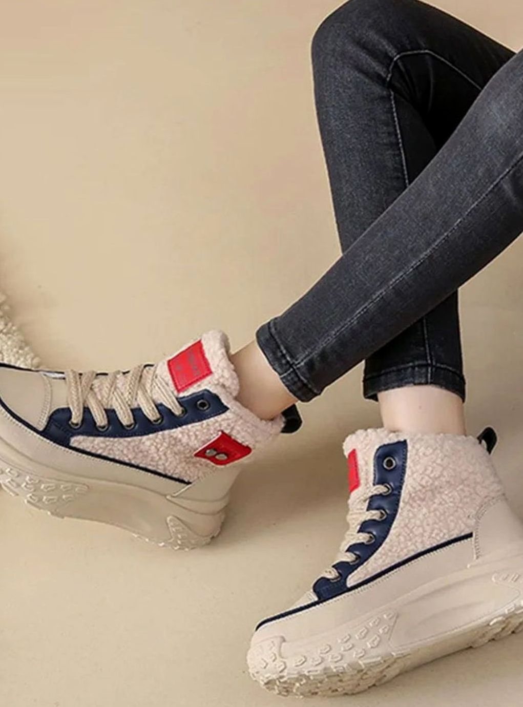 Women's Fleece-Lined High-Top Lace-Up Snow Trainers Chunky Sole