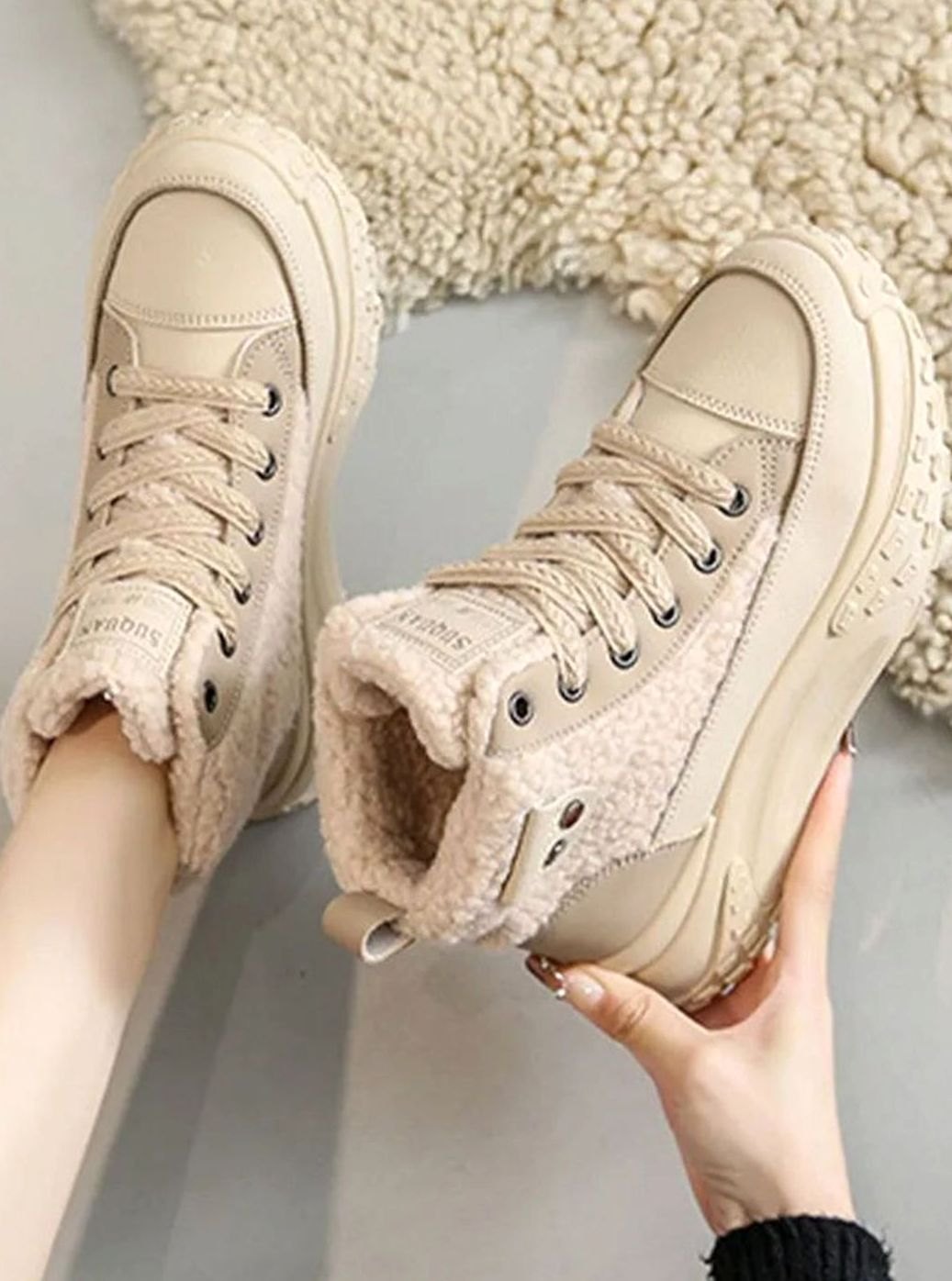 Women's Fleece-Lined High-Top Lace-Up Snow Trainers Chunky Sole