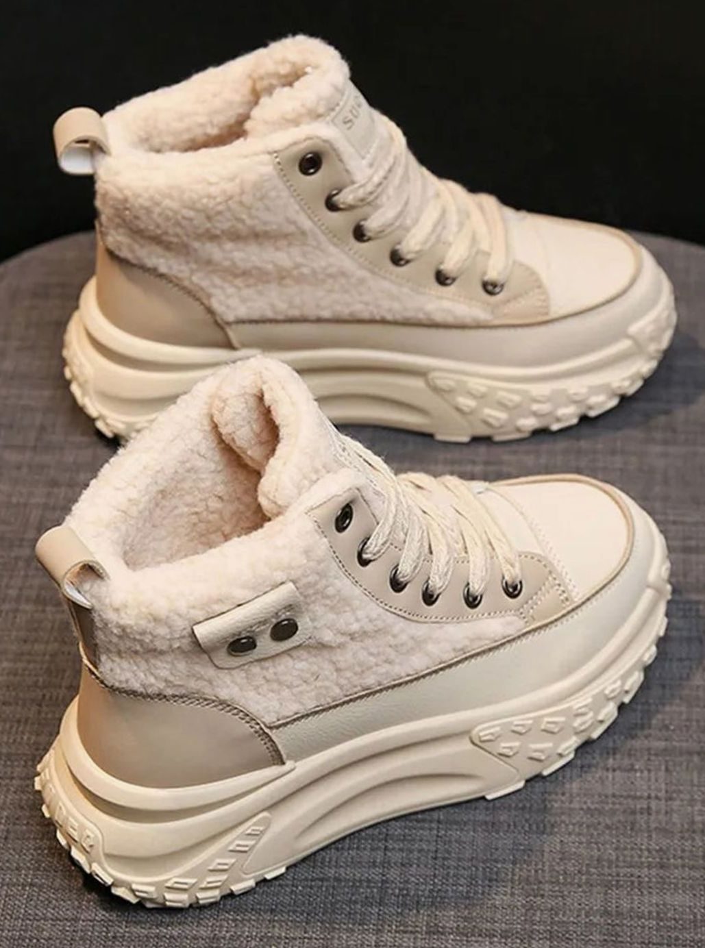 Women's Fleece-Lined High-Top Lace-Up Snow Trainers Chunky Sole