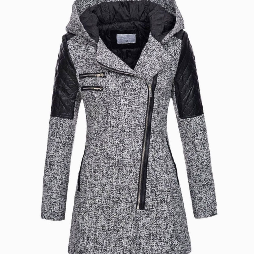 Women's Fleece-Lined Hooded Diagonal-Zip Winter Coat - Light Grey