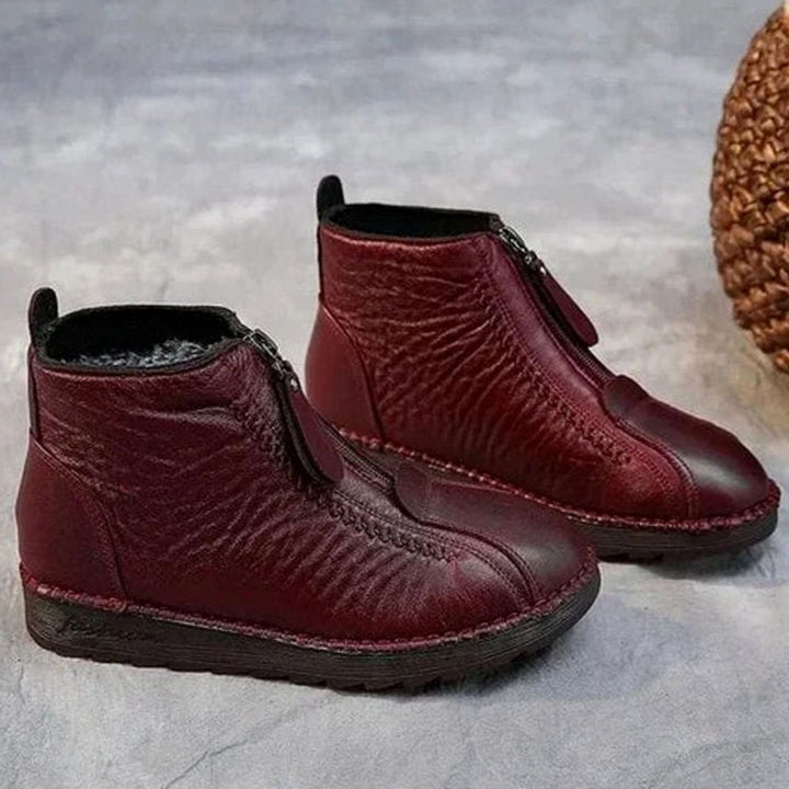 Women's Fleece-Lined Leather Side-Zip Winter Ankle Boots - Red