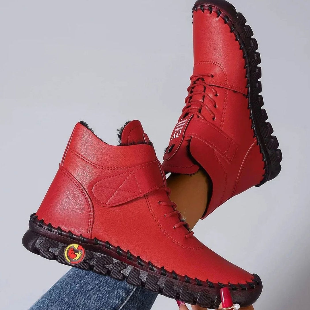 Women's Fleece-Lined Orthopedic Lace-Up Ankle Boots - Red