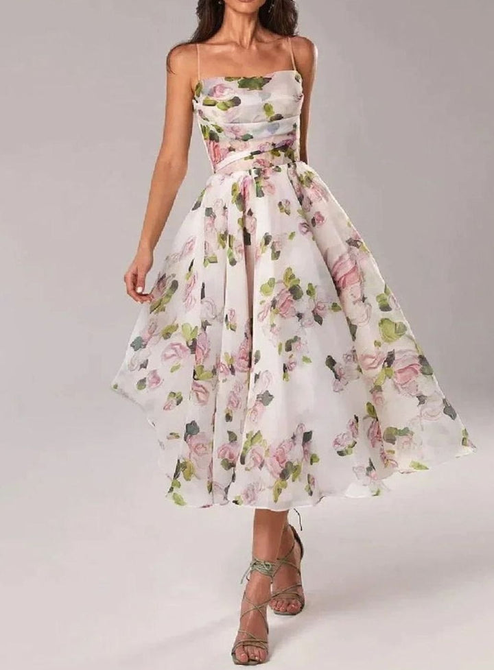 Women's Floral A-Line Spaghetti Strap Midi Day Dress