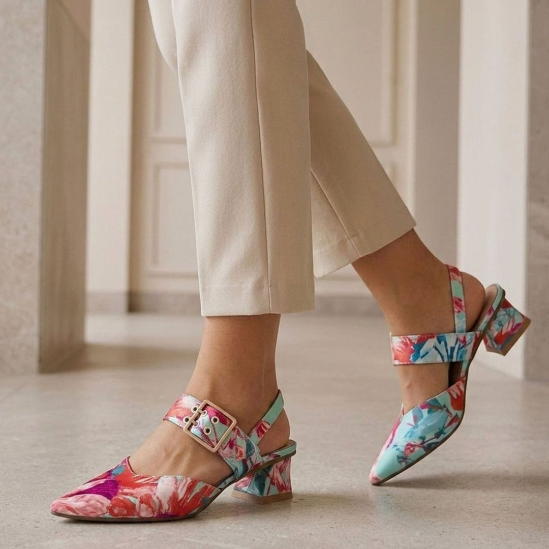 Women's Floral Block-Heel Pointed Slingback Heels