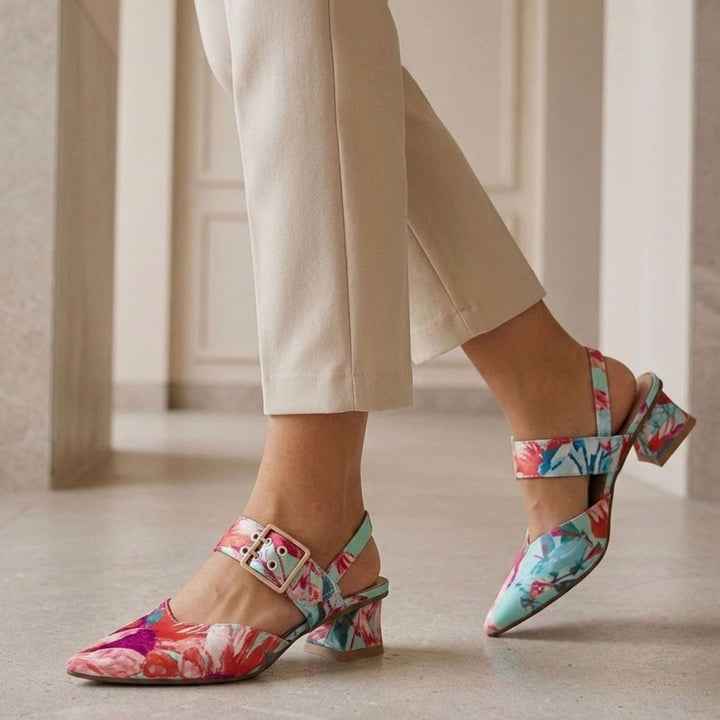 Women's Floral Block-Heel Pointed Slingback Heels