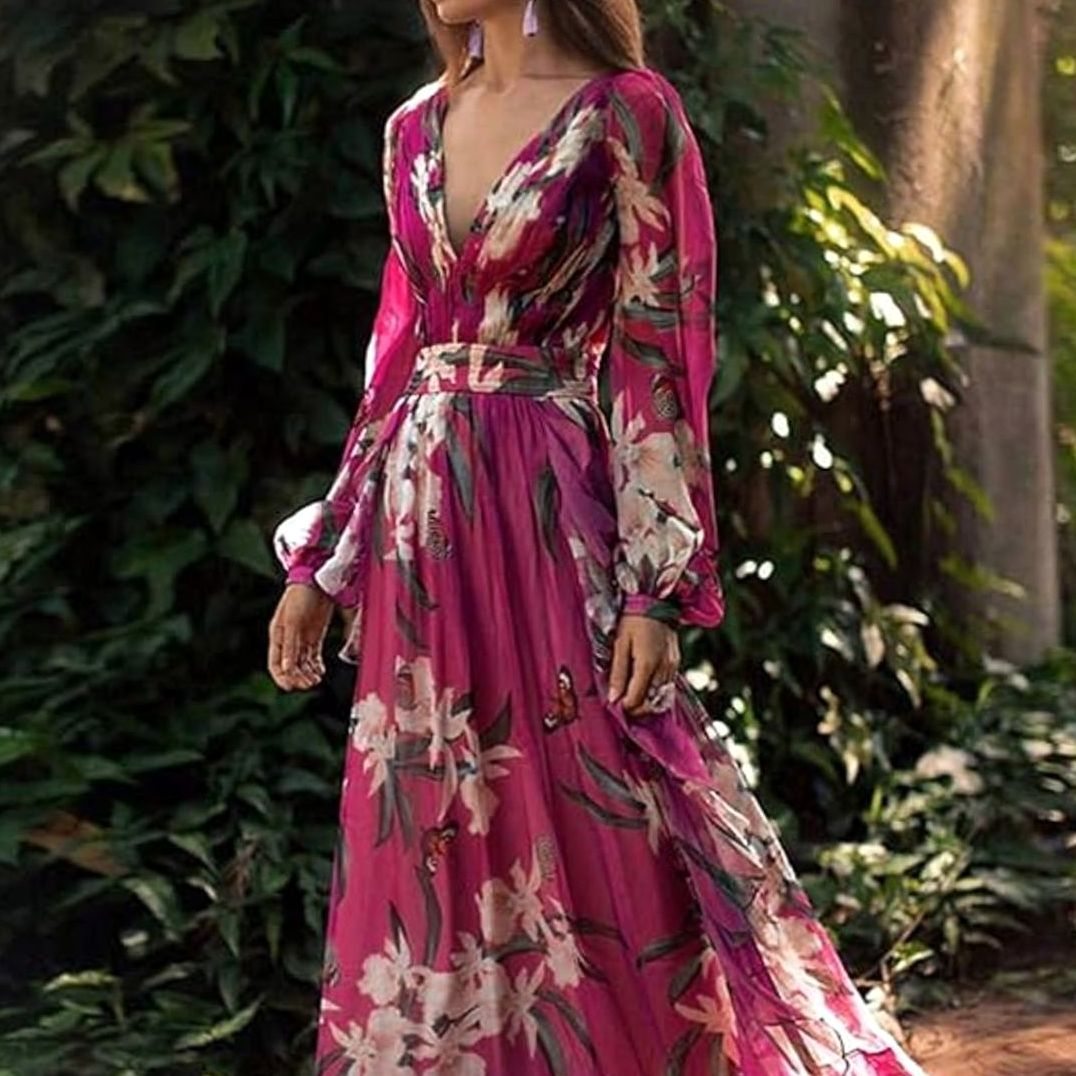 Women's Floral Butterfly-Print Deep V-Neck Maxi Dress