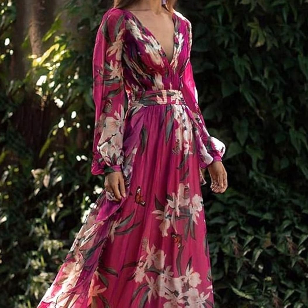 Women's Floral Butterfly-Print Deep V-Neck Maxi Dress