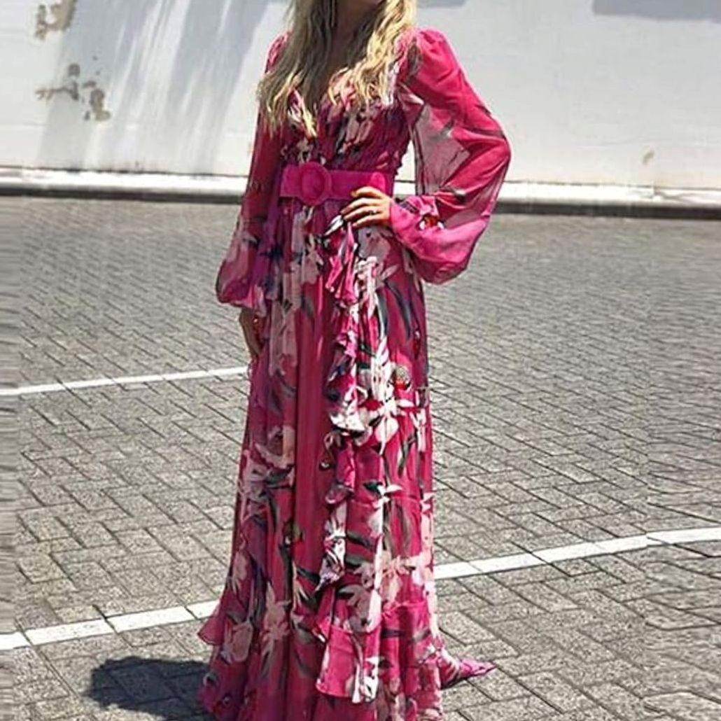 Women's Floral Butterfly-Print Deep V-Neck Maxi Dress