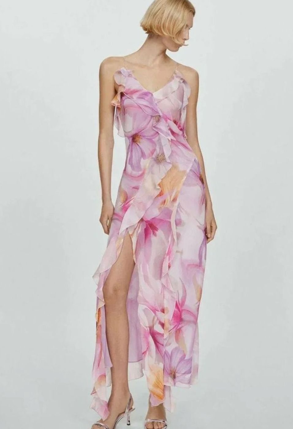 Women's Floral Chiffon Asymmetric Ruffle Midi Dress Thin Straps, Pink