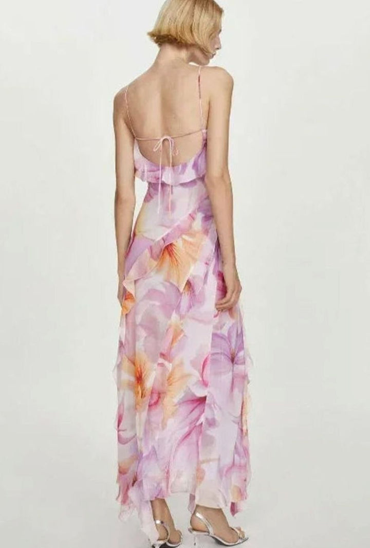 Women's Floral Chiffon Asymmetric Ruffle Midi Dress Thin Straps