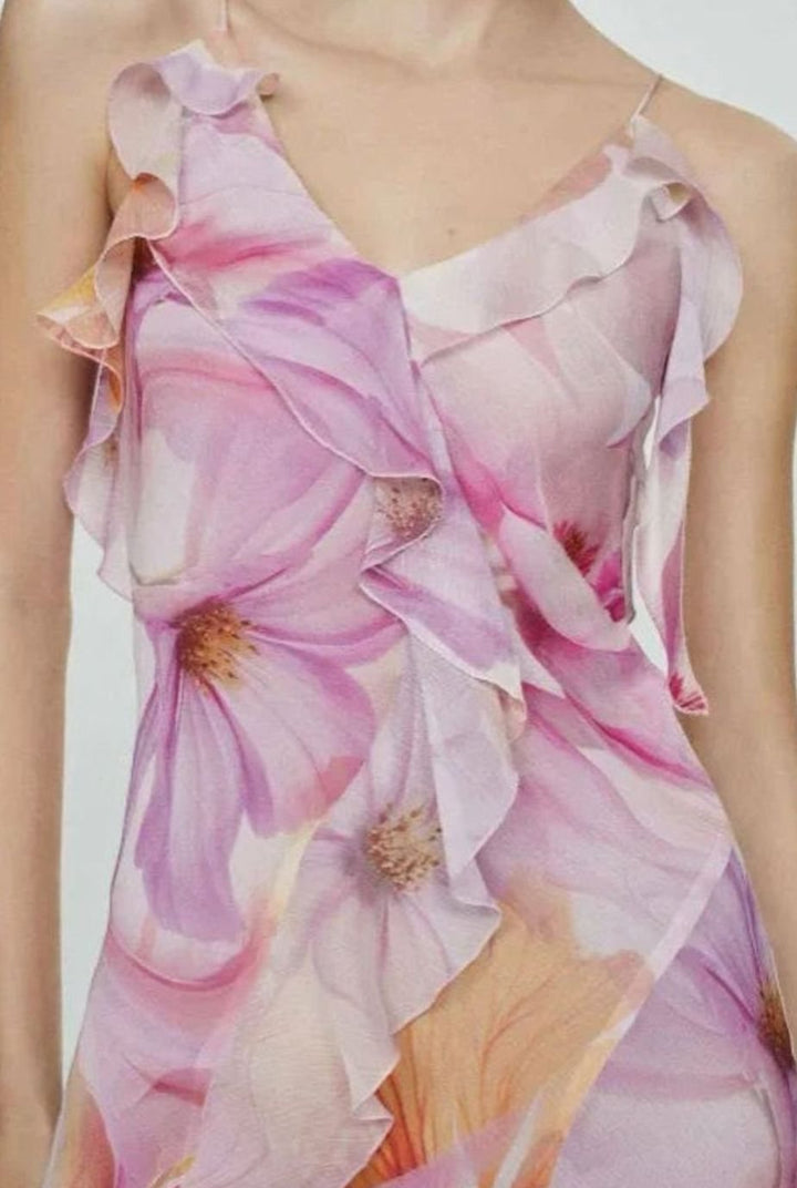 Women's Floral Chiffon Asymmetric Ruffle Midi Dress Thin Straps