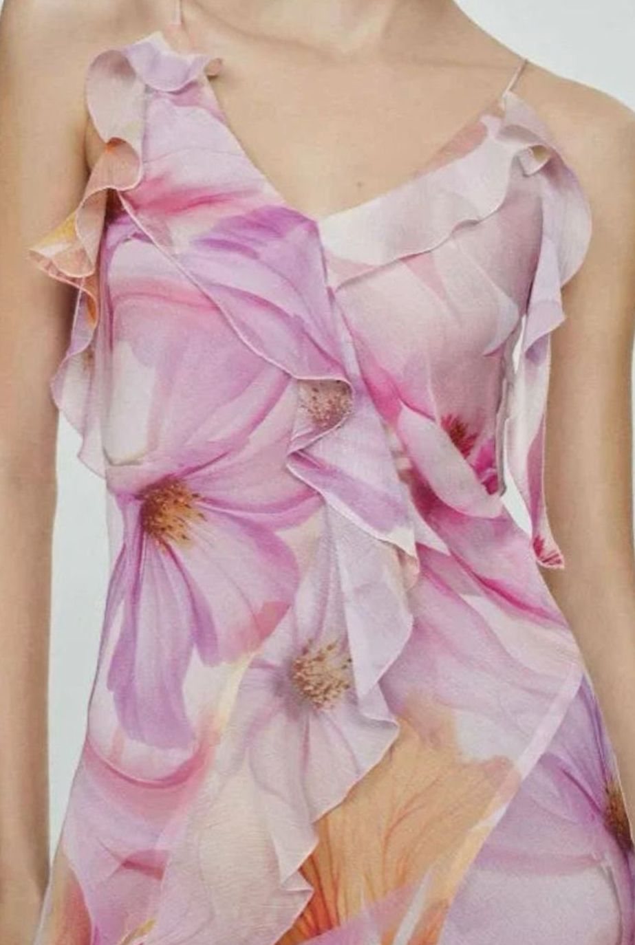 Women's Floral Chiffon Asymmetric Ruffle Midi Dress Thin Straps, Pink