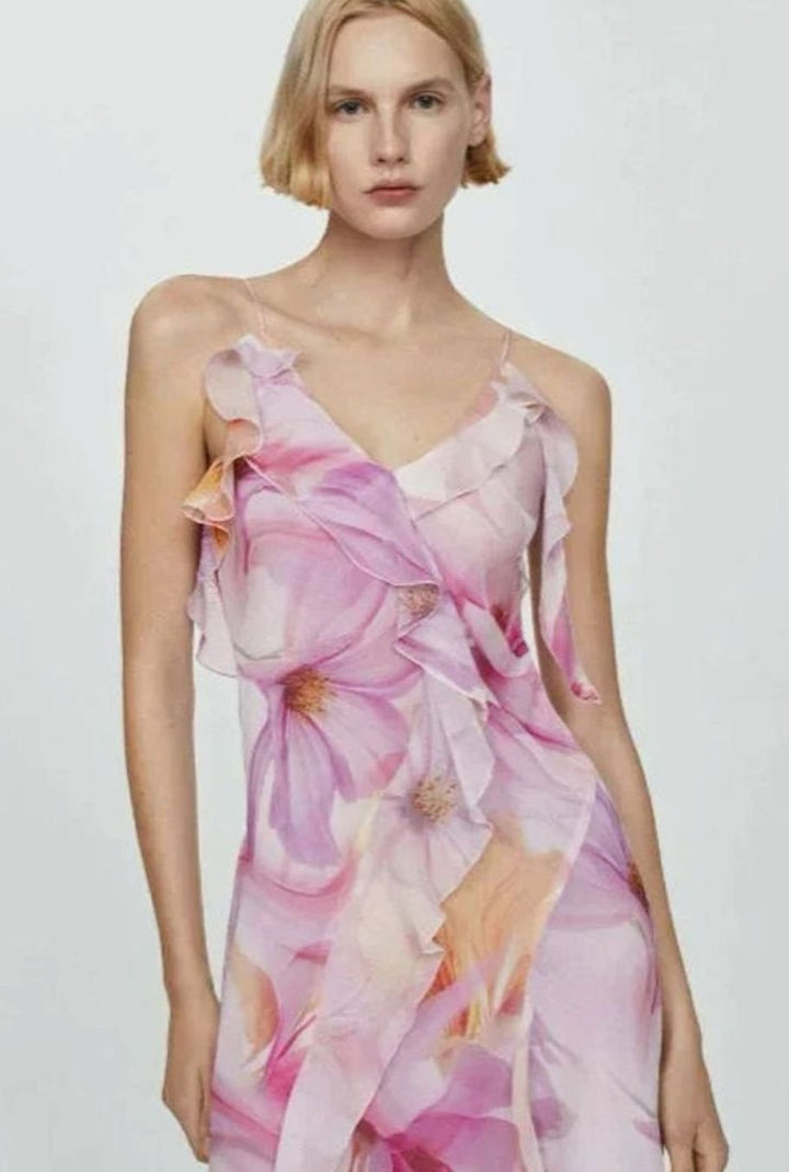 Women's Floral Chiffon Asymmetric Ruffle Midi Dress Thin Straps