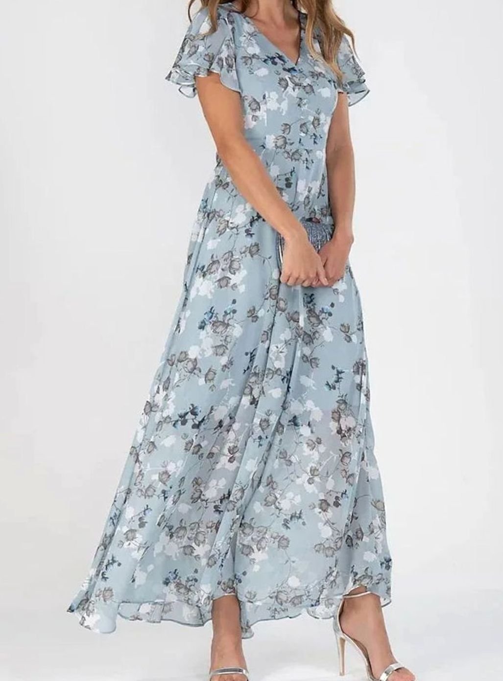 Women's Floral Chiffon Flutter-Sleeve Maxi Dress - Light Blue