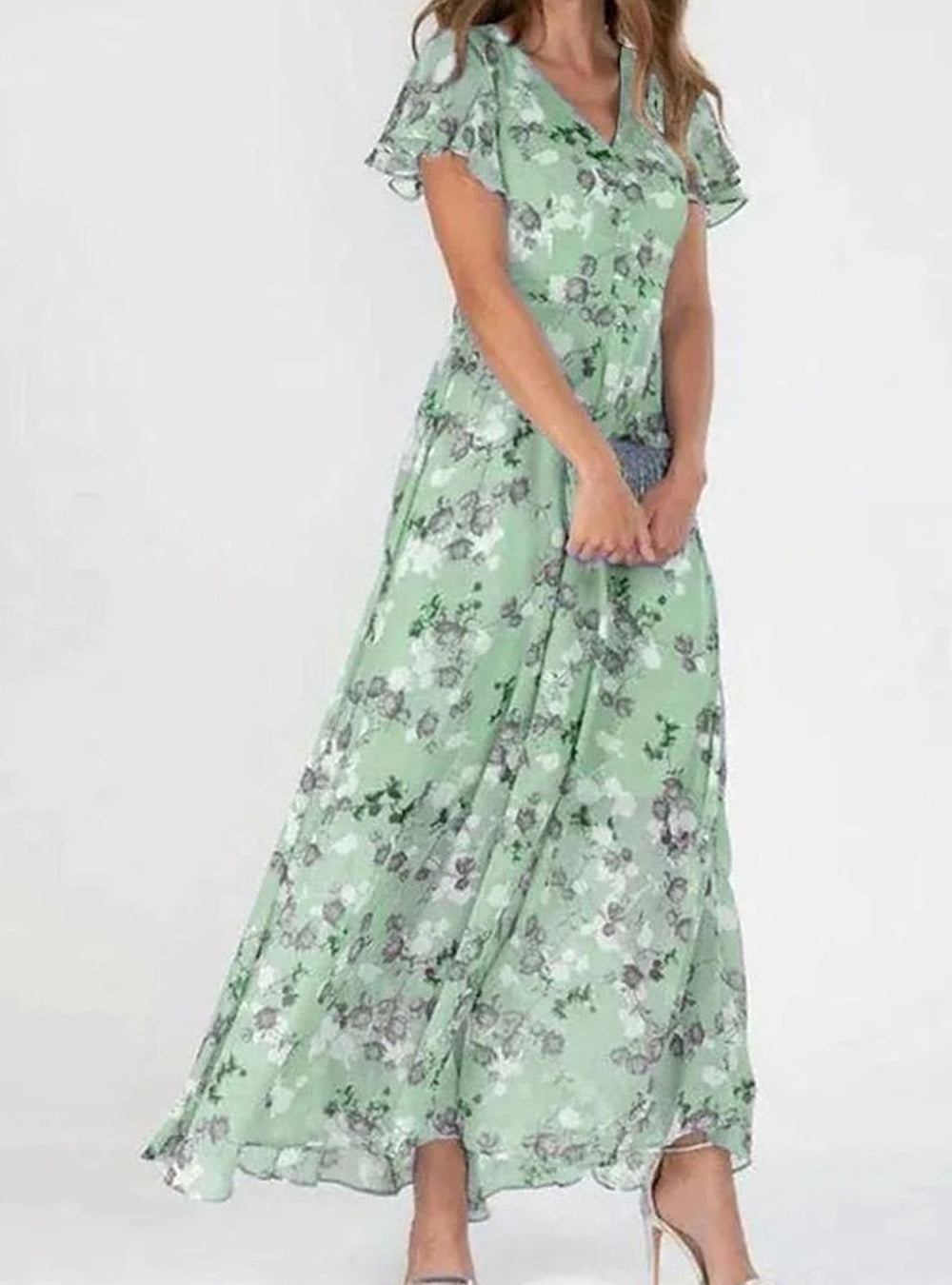 Women's Floral Chiffon Flutter-Sleeve Maxi Dress - Green