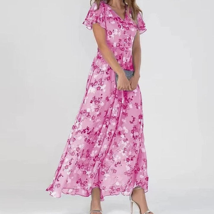 Women's Floral Chiffon Flutter-Sleeve Maxi Dress - Light Pink